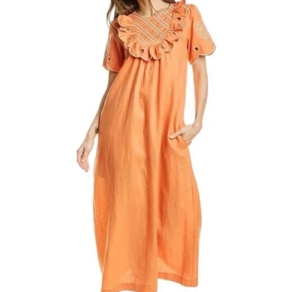 Innika Choo 'Betty Diddin' embroidered ruffle yoke linen maxi dress Size 1 US4-6